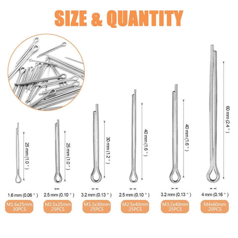 Image showing 150 Piece 304 Stainless Steel Cotter Pin Clip Fastener Assortment Kit For Bolt Applications, various sizes displayed.