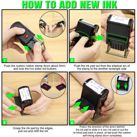 Step by step guide on adding ink to Slick No Sweat Self Inking Paid Stamp With Date And Check Number Heavy Duty Two Color Refillable Ink Pad.