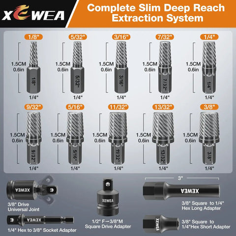 15 Piece Bolt And Screw Extractor Set With Long Slim CRMO Steel Build One Quarter Inch Hex Reach For Tight Deep Spaces No Hassle Easy Out Remover Kit showcased with multiple sizes and adapters.