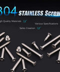 245 Piece Stainless Steel Self Tapping Screws Kit With 14 Sizes From 4 To 12, showcasing 304 stainless materials.
