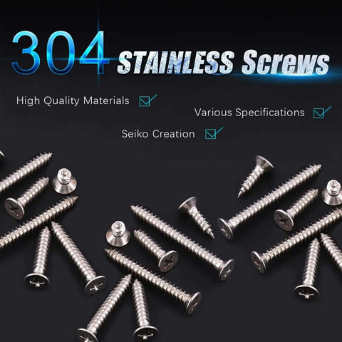 245 Piece Stainless Steel Self Tapping Screws Kit With 14 Sizes From 4 To 12, showcasing 304 stainless materials.