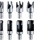Heavy Duty Carbon Steel Wood Plug Cutter Drill Bit Set showcases eight carbon steel dowel hole saw blades, ideal for precise woodworking.