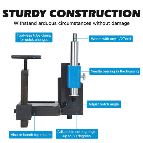 Adjustable Heavy Duty Pipe Notcher And Tube Cutter 0 To 50 Degrees Punch Tool, shows sturdy construction and tool-less clamp.