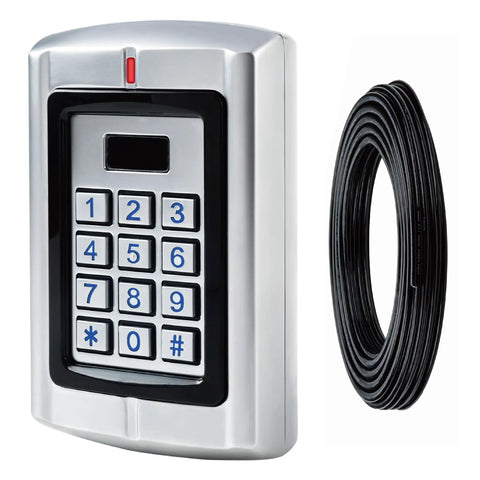 Weatherproof 12 To 24 Volt AC DC Metal Wired Keypad Stand Alone Access Controller For Gate Opener Garage Door Opener And Security System With Upgraded KPR2000 Keypad shown with coiled cable