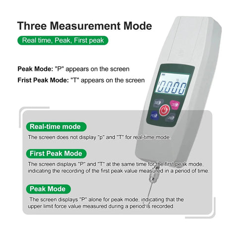 Push And Pull Tester Meter Mini Dynamometer With 4 Measurement Units Backlit Display Buzzer Alarm For Compression And Tension Acceleration Setting For Precision Upper And Lower Limit Alerts KF50 showing real-time, peak and first peak modes