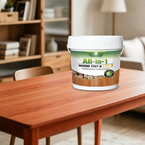 Slick All In One Cedar Wood Stain And Sealer One Gallon on a wooden table in a living room setting.