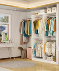 Rock Solid 8 Foot Modular Closet Organizer With 12 Hanging Rods And Extra Wall Shelf No Fuss DIY Assembly For Walk In Bedroom Storage Flexible White Layout Game Changer For Small Spaces featuring neatly hung clothes in a well-organized closet.