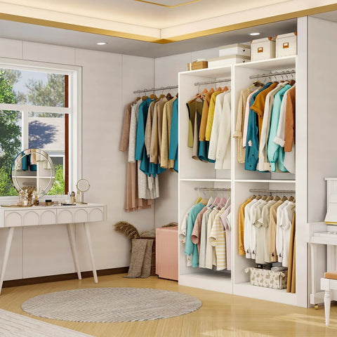 Rock Solid 8 Foot Modular Closet Organizer With 12 Hanging Rods And Extra Wall Shelf No Fuss DIY Assembly For Walk In Bedroom Storage Flexible White Layout Game Changer For Small Spaces featuring neatly hung clothes in a well-organized closet.