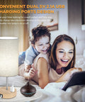 Set Of 2 Bedside Lamps With USB Ports And AC Outlet Touch Control 3 Way Dimmable Wooden Base Nightstand Lamps With Beige Fabric Shade For Bedroom And Living Room Bulbs Included next to a family enjoying time together