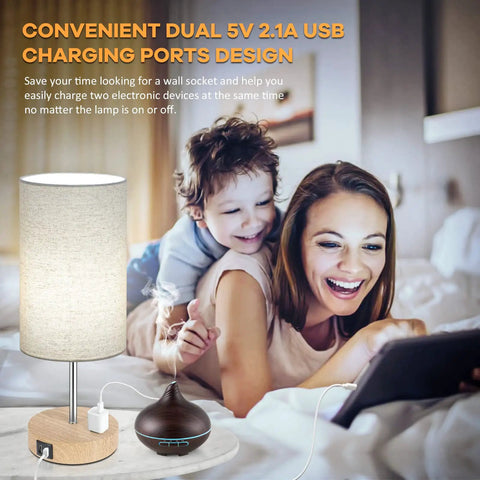 Set Of 2 Bedside Lamps With USB Ports And AC Outlet Touch Control 3 Way Dimmable Wooden Base Nightstand Lamps With Beige Fabric Shade For Bedroom And Living Room Bulbs Included next to a family enjoying time together