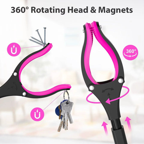 36-inch pink foldable reacher grabber tool with 360° rotating jaw and two magnets, lightweight for seniors.
