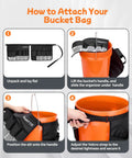 Instructional guide showing attachment process for Bucket Tool Organizer For 3.5 To 5 Gallon Buckets, Waterproof Exterior Caddy With Mesh Pocket.