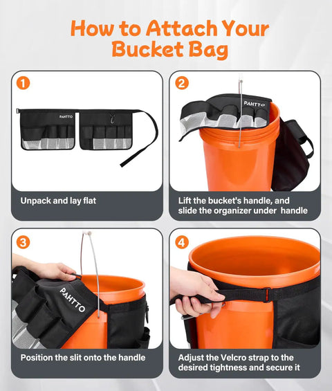 Instructional guide showing attachment process for Bucket Tool Organizer For 3.5 To 5 Gallon Buckets, Waterproof Exterior Caddy With Mesh Pocket.
