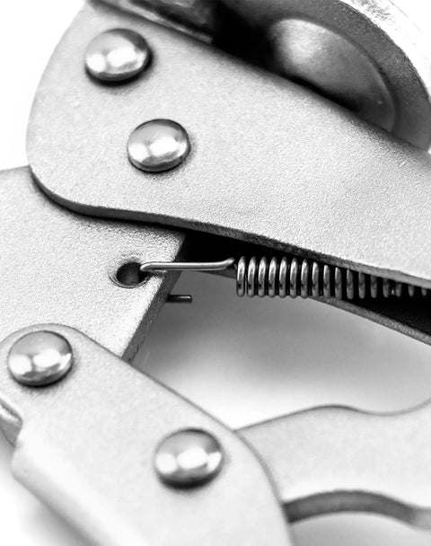 Close-up of 9 Inch Drill Press Locking Clamp Set, Heavy Duty Fix Clamp with Super Tight Grip, Titanium Plated 1045 Steel, spring detail.