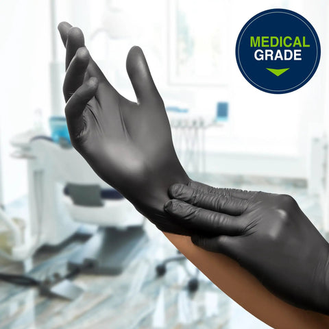 Built Tough Black Nitrile Exam Gloves 5.1 Mil Heavy Duty Powder Free Disposable shown during application in a medical setting.