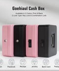 Pink and black sturdy locking cash box with pull out tray and five compartment organizer large metal safe for valuables, size 9.84x7.87x3.54 inches