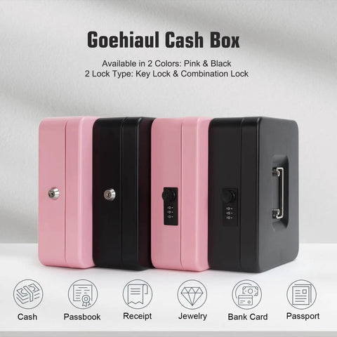 Pink and black sturdy locking cash box with pull out tray and five compartment organizer large metal safe for valuables, size 9.84x7.87x3.54 inches