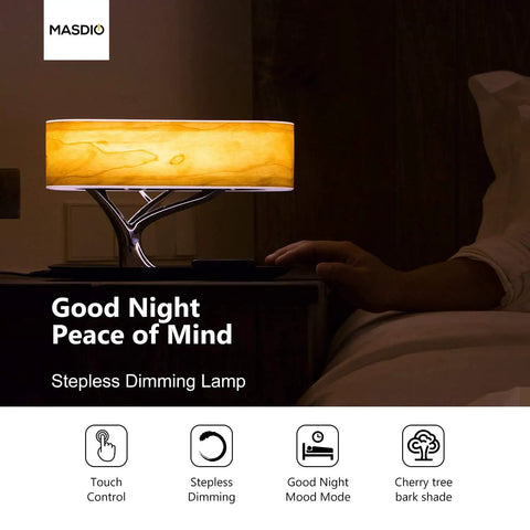 Masdio Bedside Lamp With Bluetooth Speaker And Wireless Charger Sleep Mode Stepless Dimming Table Desk Lamp on bedside