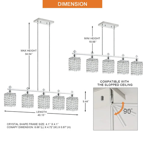 Dimensions of Water Ripple Glass Kitchen Island Pendant Light 5 Light Fixture with matte black metal finish and crystal shades.