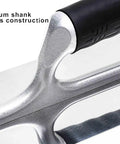 Close-up of Three Piece Plaster Finishing Trowel Set Pro Grade Polished Stainless Steel With Rubber Grip Handles And Aluminum Shank showing handle and blade.