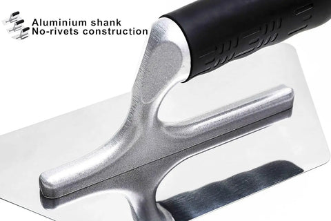 Close-up of Three Piece Plaster Finishing Trowel Set Pro Grade Polished Stainless Steel With Rubber Grip Handles And Aluminum Shank showing handle and blade.
