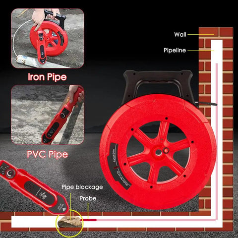 Pipe Blockage Detector And Water Pipe Locator For Metal And PVC Piping, Underground Diagnostic Tool With Wireless Waterproof Probe IP67 shown in use with red reel and probe.