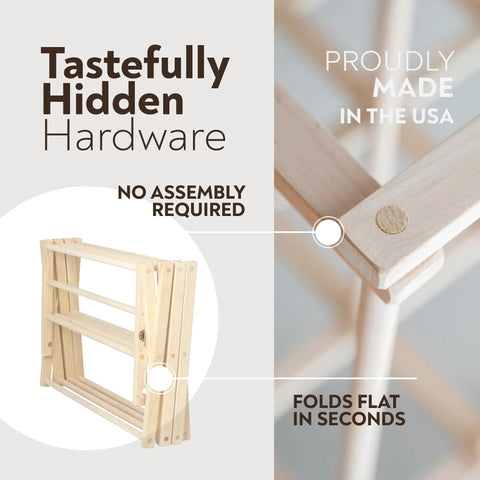 Badass Professional Grade Solid Maple Clothes Drying Rack Heavy Duty Collapsible Air Dryer showing folding design and hidden hardware.