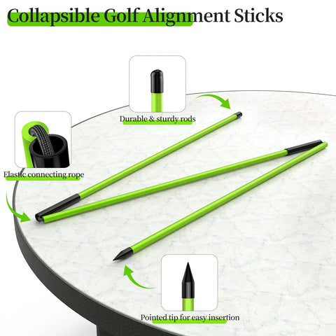 Two Pack 48 Inch Collapsible Golf Alignment Sticks Training Aid displayed on table with close-up details and connecting rope