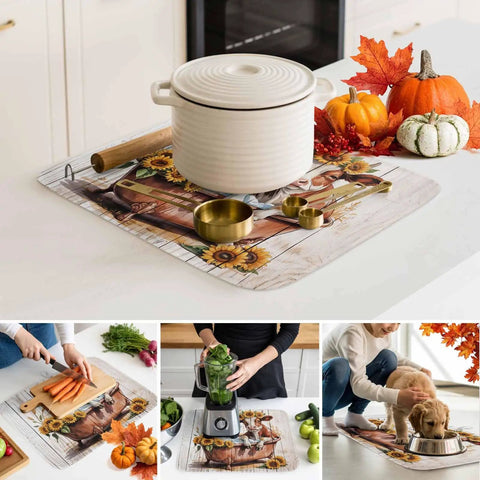 Fall Thanksgiving Sunflower Cow Themed Dish Drying Mat For Kitchen Counter Absorbent Microfiber with cookware and autumn decor