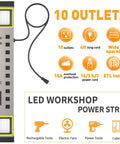 10 Outlet Power Strip With LED Work Light And 4 Foot Cord, Heavy Duty Metal Wall Mount, ETL Listed, features diagram