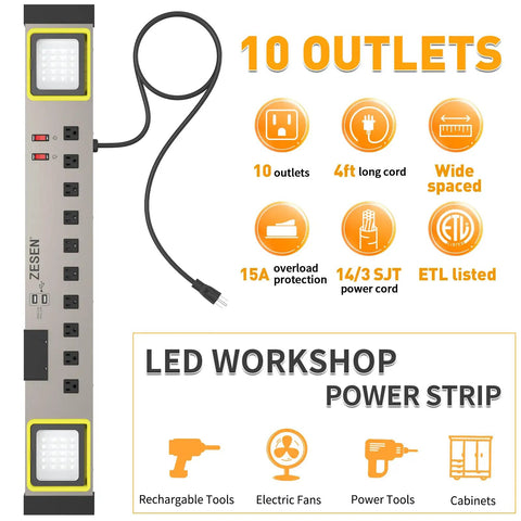 10 Outlet Power Strip With LED Work Light And 4 Foot Cord, Heavy Duty Metal Wall Mount, ETL Listed, features diagram