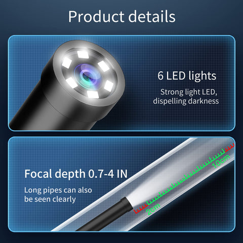 Endoscope Camera With Light 6 LED Lights Nine Point Eight Feet Semi Rigid Snake Cable IP67 Waterproof Borescope close-up