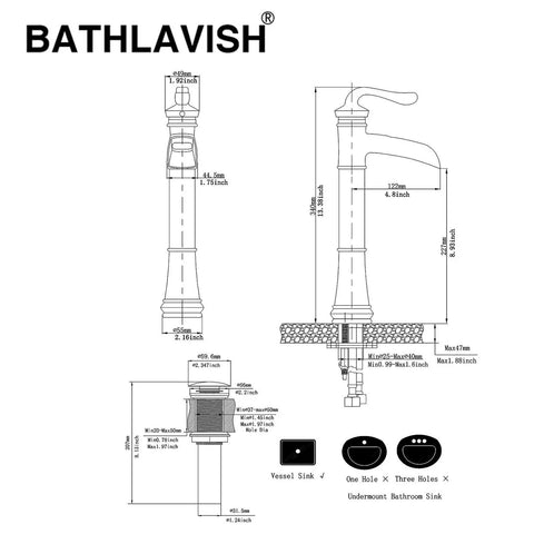 Technical diagram of Vessel Sink Faucet With Waterfall Style In Brushed Nickel, Tall Farmhouse Style Bathroom Faucet with dimensions.