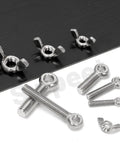 12Pcs M8 X 30mm 304 Stainless Steel Eye Bolts And Wing Nuts Kit with eye bolts and butterfly nuts shown on a black surface