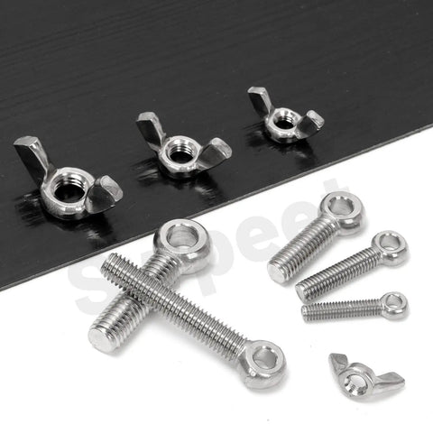 12Pcs M8 X 30mm 304 Stainless Steel Eye Bolts And Wing Nuts Kit with eye bolts and butterfly nuts shown on a black surface