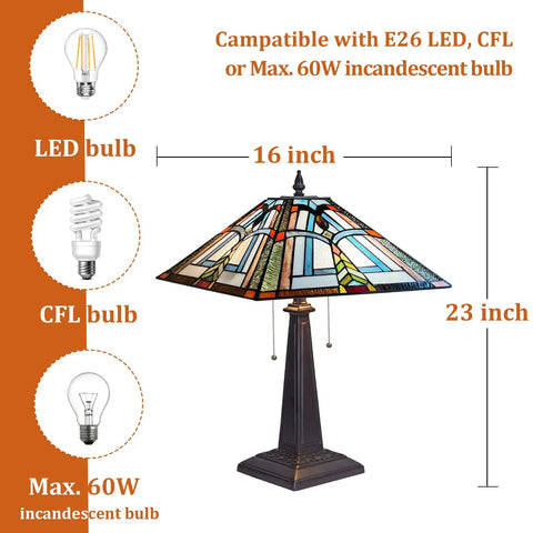 Stained Glass Tiffany Table Lamp 16 Inch Wide With Dope Mission Frank Lloyd Wright Style Desk Light, dimensions and bulb types shown
