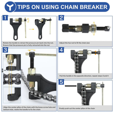 Chain breaker tool instructions for installing 420 Chain Replacement, 132 Links, Heavy Duty For 50cc To 150cc Mini Bikes, ATVs and more.
