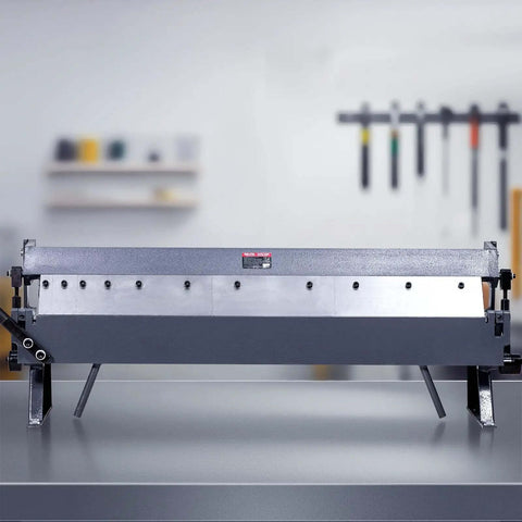 Front view of Box And Pan Brake 36 Inch Sheet Metal Bending Tool With 16 Gauge Mild Steel Capacity and six fingers in workshop