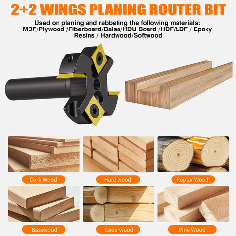 Image showing Pro Grade CNC Spoilboard Surfacing Router Bit with 1/2 inch shank and 1-3/4 inch cutting diameter with wood types.