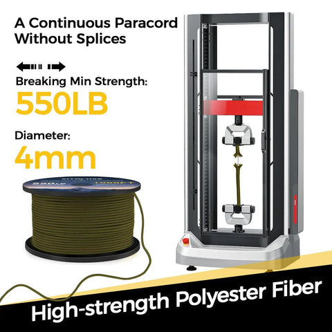 Durable Paracord 550 Rope 4mm 7-Strand Core 100ft Army Green in strength test machine, showing 550LB tensile strength.