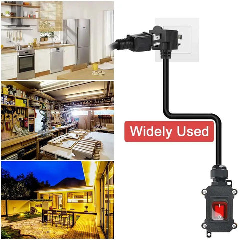 Inline Cord Switch With 3 Point 3 Foot 14 AWG Cable Three Pronged Piggyback Plug Waterproof IP67 Extension Cord On Off Power Switch With Red LED Rocker Button For Outdoor And Indoor Use, shown with plug and switch