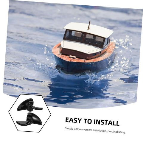 Two Pack CNC Model Ship Propellers For RC Boats, precision balanced blades, visible on a model boat in water with easy install text
