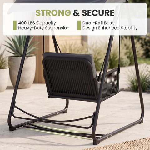 Back view of Porch Swing With Stand And Canopy For Outdoors All Weather Heavy Duty Swing Chair With 400 Lb Capacity