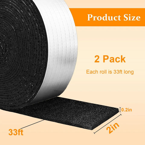 Two Pack 33Ft Foam Pipe Insulation Wrap With Self Adhesive Waterproof Aluminum Foil, 2 inch wide, showing roll dimensions.