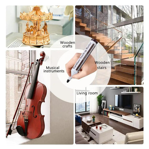 Wood Furniture Scratch Repair Markers And Wax Sticks Touch Up Set With Sharpener For Covering Stains And Gaps On Hardwood Floors Tables No Sweat Restoration Kit displayed with wooden crafts, stairs, and musical instruments.
