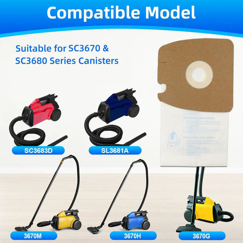 20 Pack Replacement Filtration MM Paper Vacuum Cleaner Bags Compatible With MM Style Vacuums displayed with compatible models.