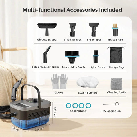 Multi-functional accessories for Heavy Duty Handheld Steam Cleaner For Home And Auto, includes scrapers and brushes.