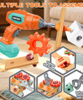 Kids Tool Set With Drill 148 Pieces Toddler Toolbox STEM Montessori Toys For 3 4 5 Year Olds displayed on a carpet.