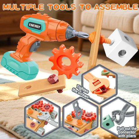 Kids Tool Set With Drill 148 Pieces Toddler Toolbox STEM Montessori Toys For 3 4 5 Year Olds displayed on a carpet.