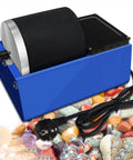 Electric Rock Tumbler Kit With Leakproof Rubber Barrel Quiet Motor shown with polished stones and cords.